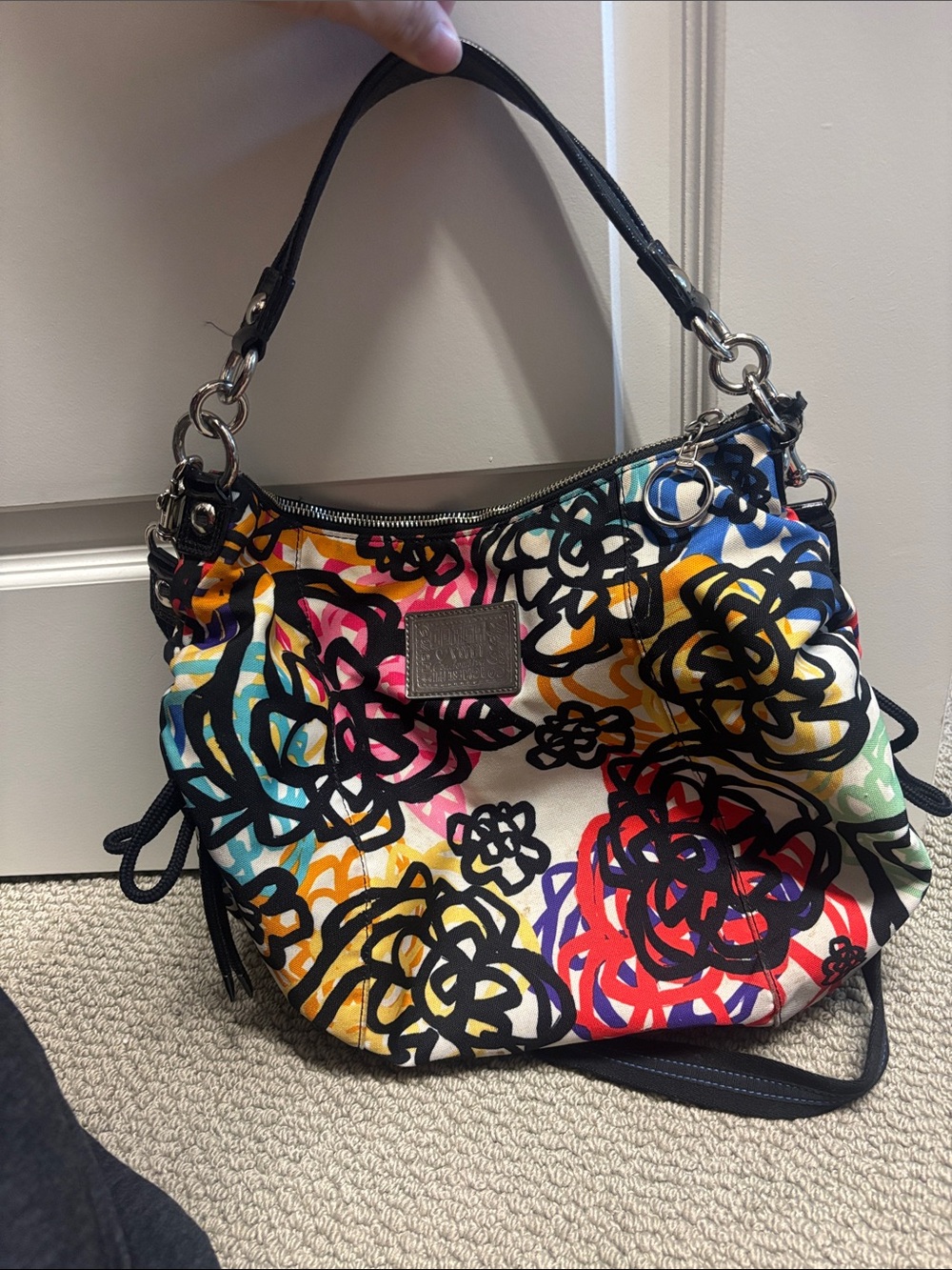 Coach Multicolor Floral Canvas Shoulder Bag with Black Trim